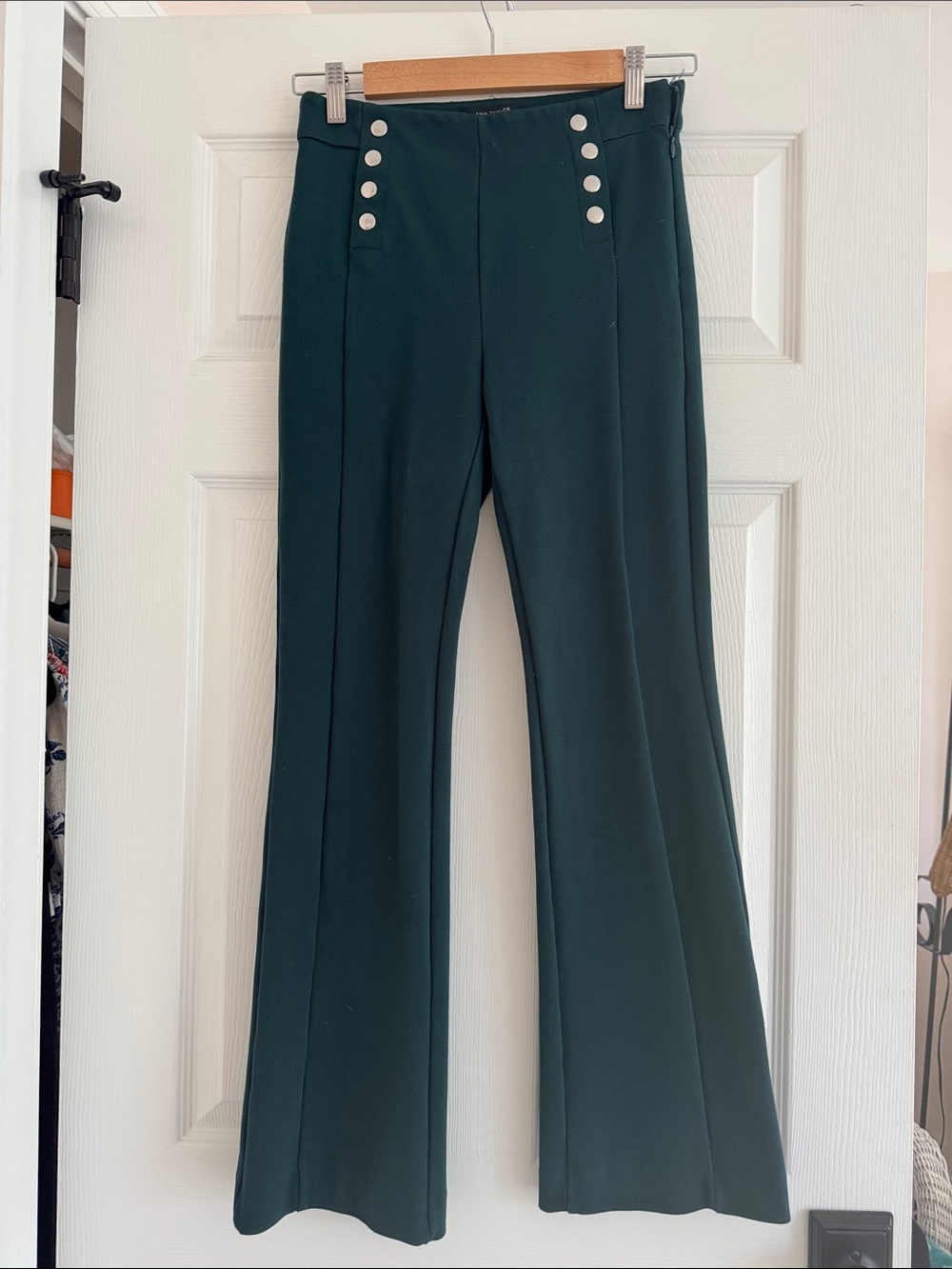 Ann Taylor High-Rise Dark Green Flare Pants with Decorative Buttons. Worn once